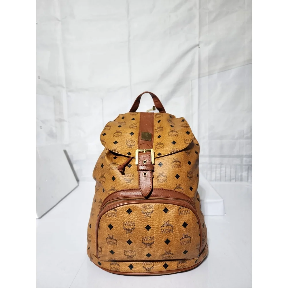 MCM Vintage Logo Print Coated Canvas Backpack Cognac